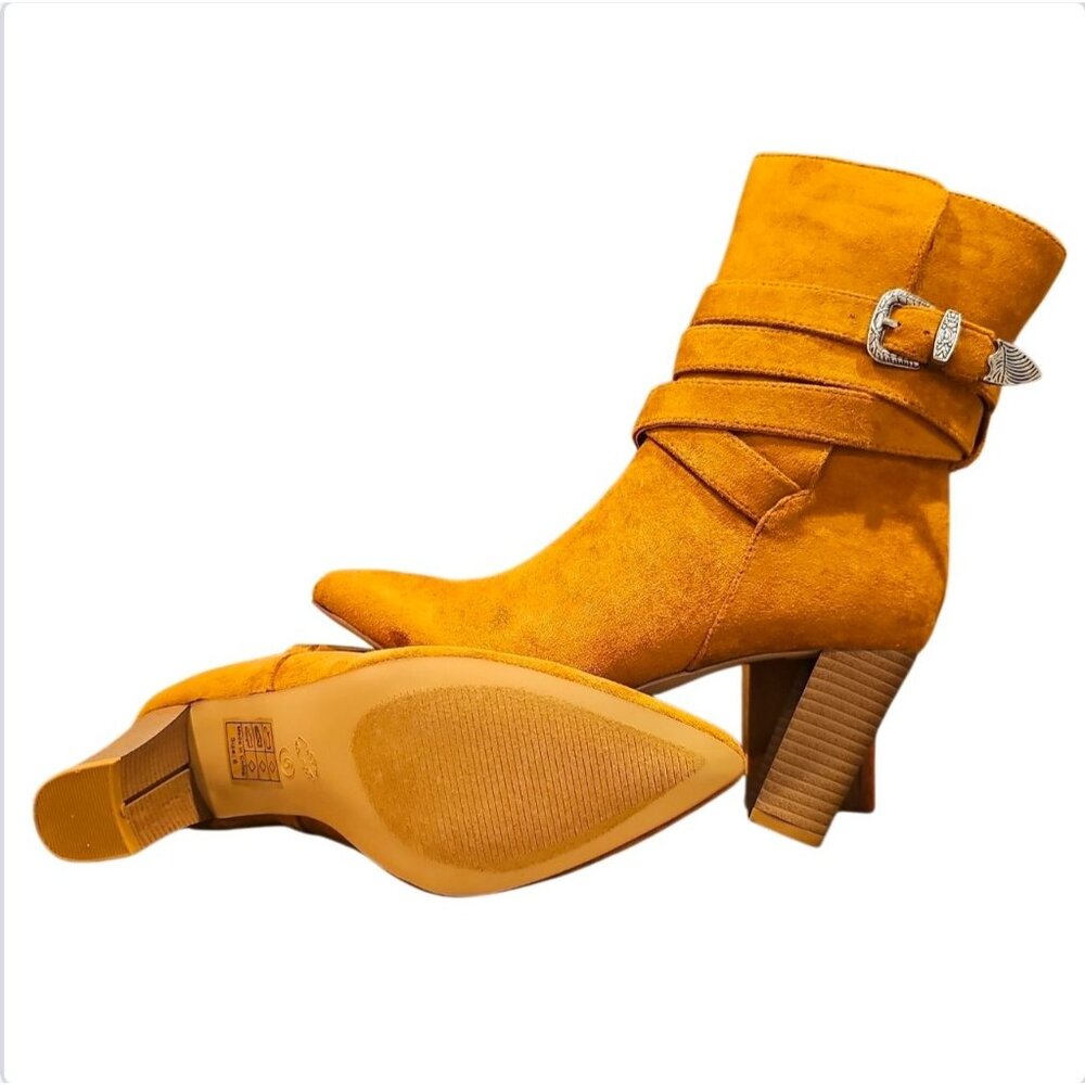 Mocha Faux Suede Ankle Boots With Stacked Heel & Decorative Buckle Strap Design - Picture 3 of 7